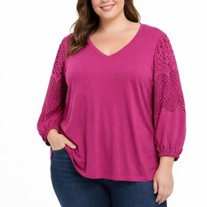 Chico's Fuchsia Pima cotton blend V-Neck Knit Top with Crochet Balloon Sleeves L